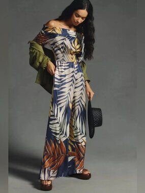 Anthropologie Hutch Off-The-Shoulder Palm Print Wide Leg Jumpsuit Size M